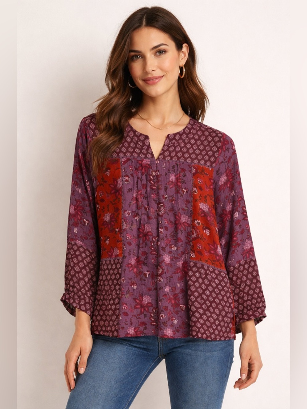 Coldwater Creek floral patchwork purple red blouse size medium